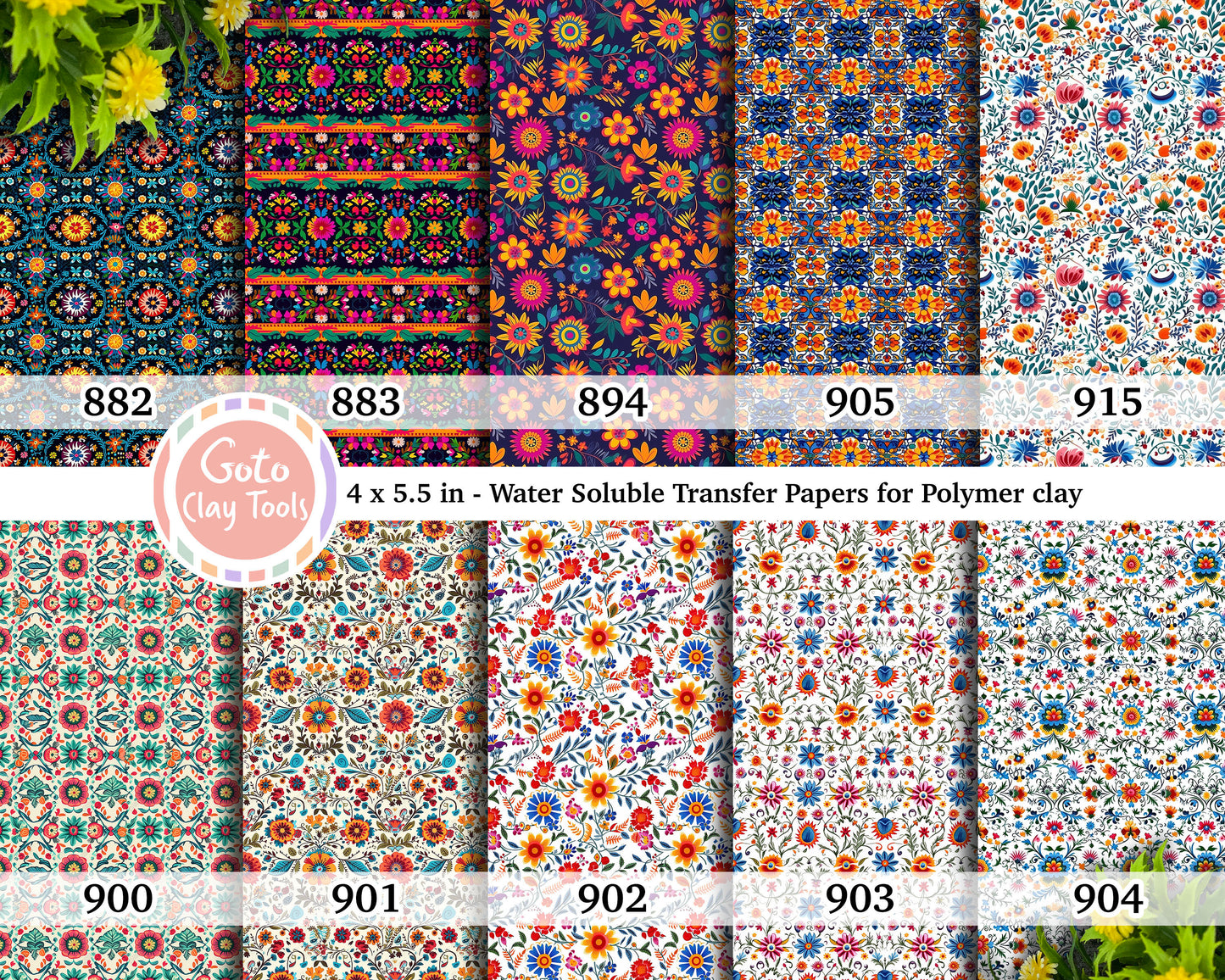 Mexican Water soluble Transfer paper for polymer clay, Colorful flower patterns, clay transfer sheets polymer mexican, Clay Transfer Sheets