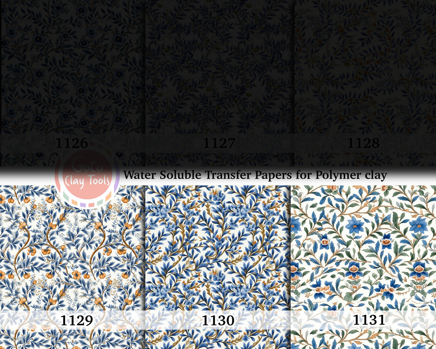 Water soluble Transfer paper for polymer clay, Blue leaves chinoisserie pattern, polymer clay image transfers, magic transfer paper