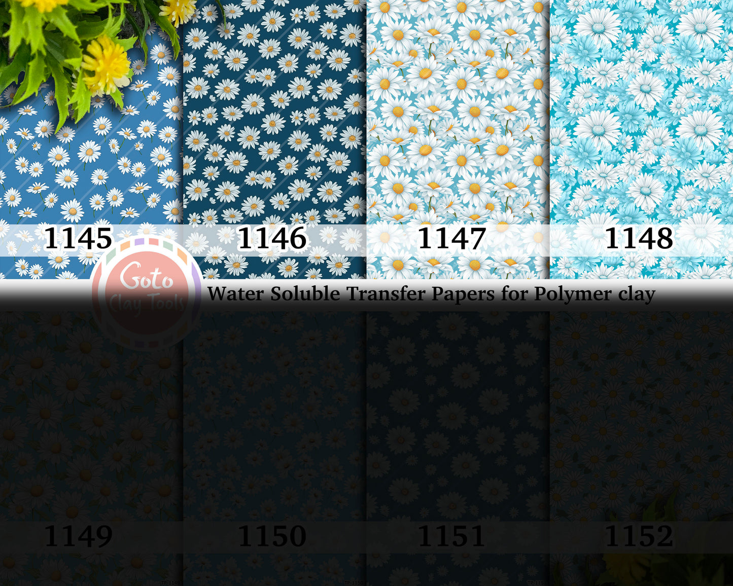 Water soluble Transfer paper for polymer clay, Blue daisy floral patterns, polymer clay image transfers, magic transfer paper