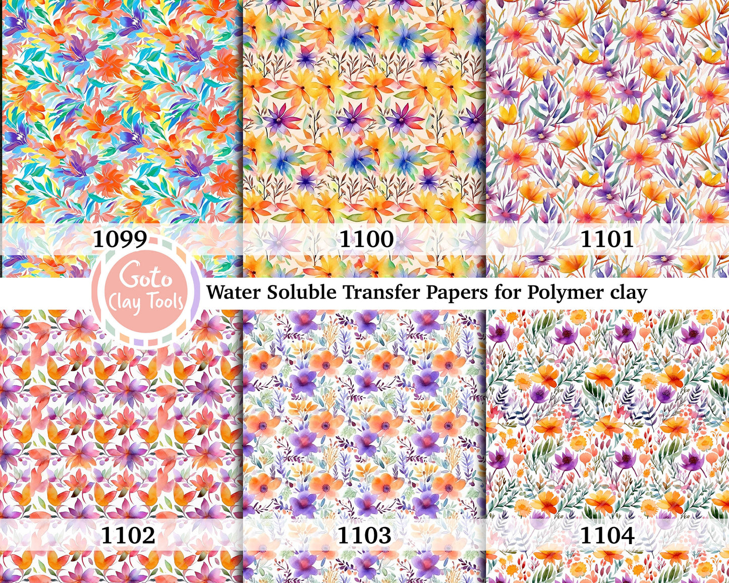 Water soluble Transfer paper for polymer clay, watercolor colorful floral pattern, polymer clay image transfers, magic transfer paper