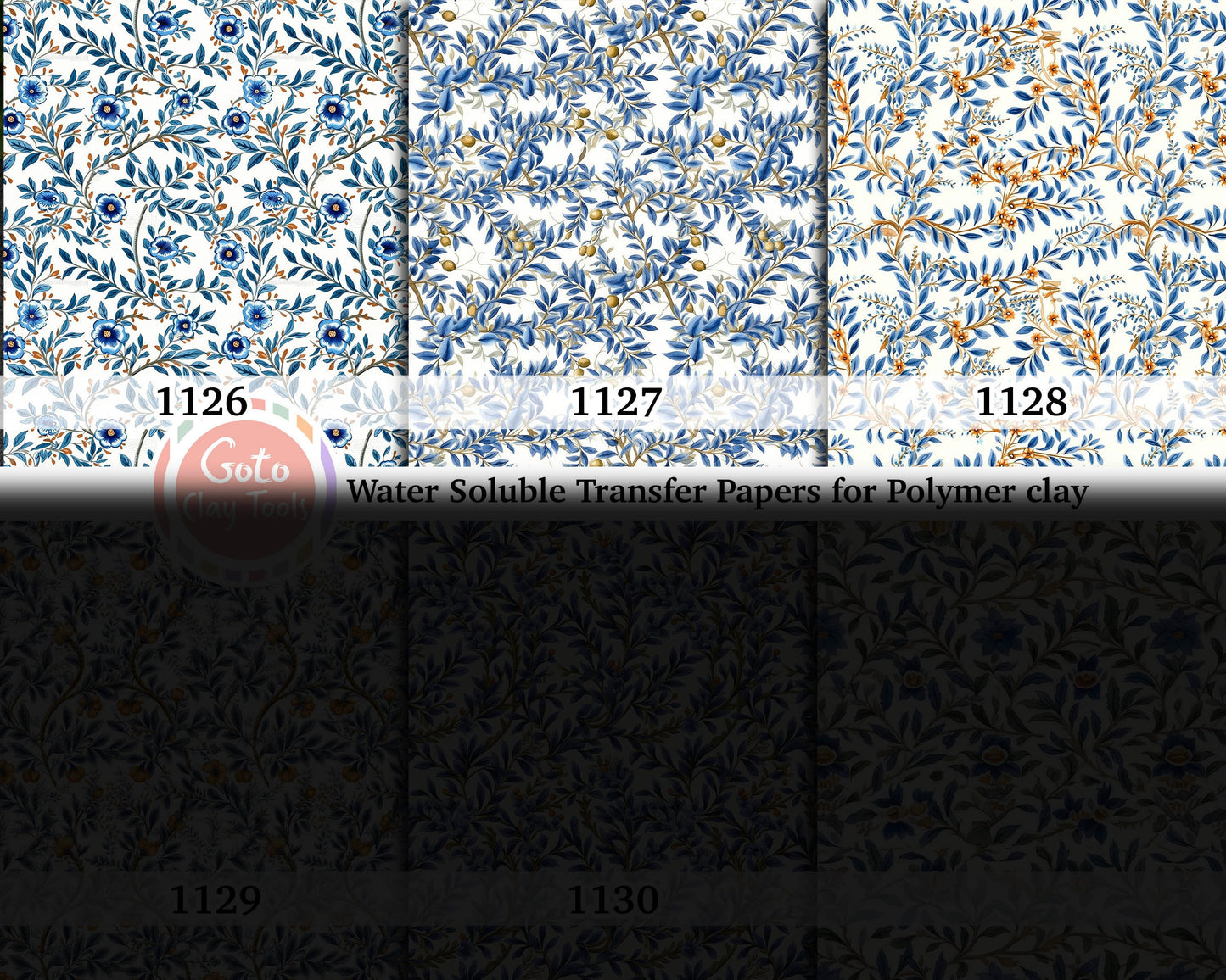 Water soluble Transfer paper for polymer clay, Blue leaves chinoisserie pattern, polymer clay image transfers, magic transfer paper