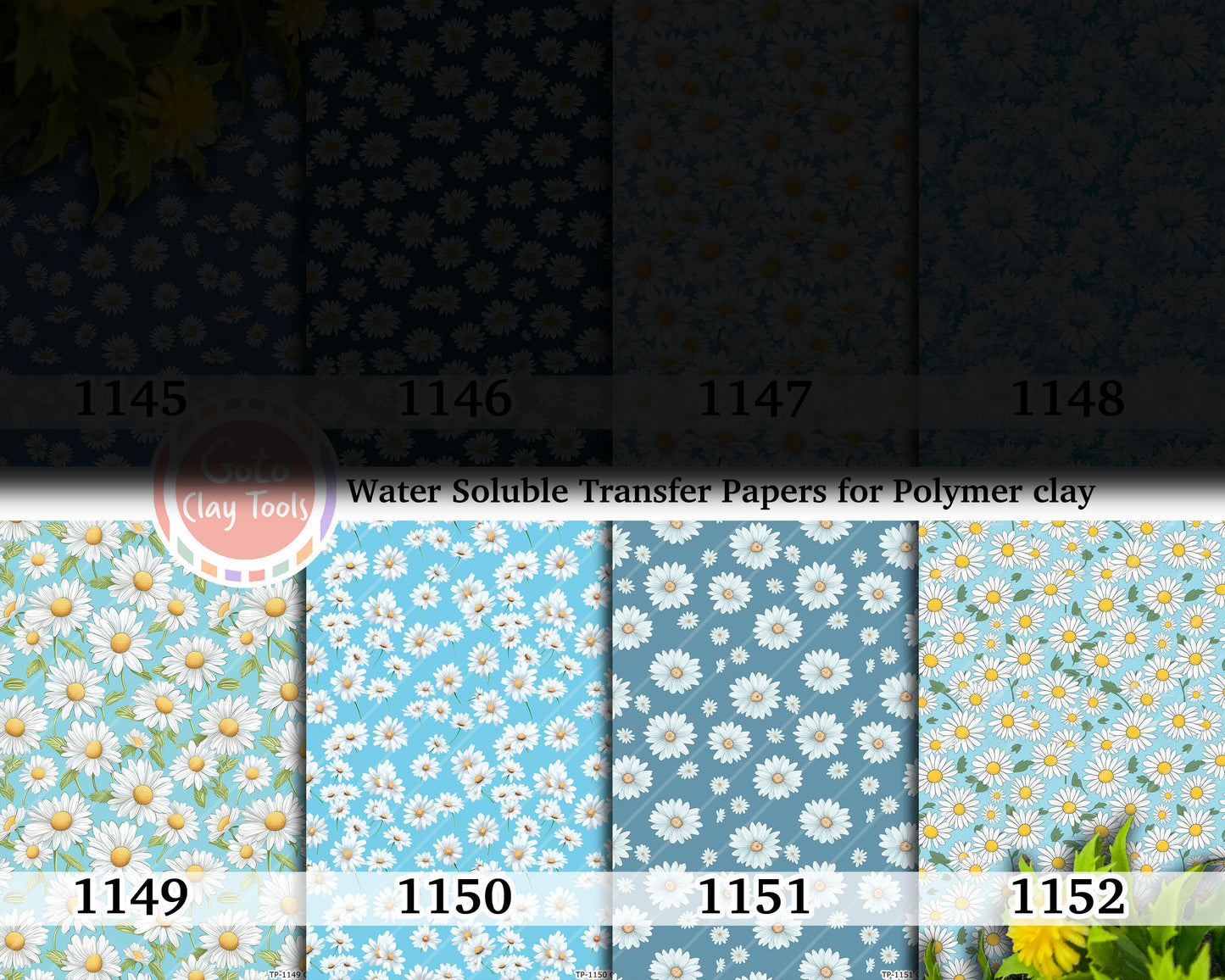 Water soluble Transfer paper for polymer clay, Blue daisy floral patterns, polymer clay image transfers, magic transfer paper