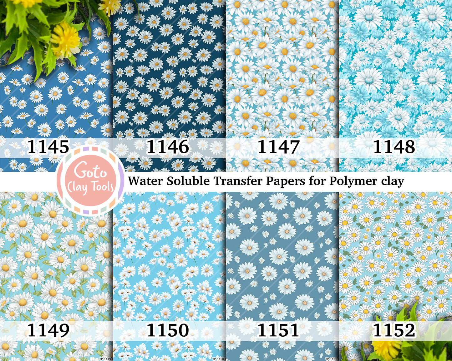 Water soluble Transfer paper for polymer clay, Blue daisy floral patterns, polymer clay image transfers, magic transfer paper