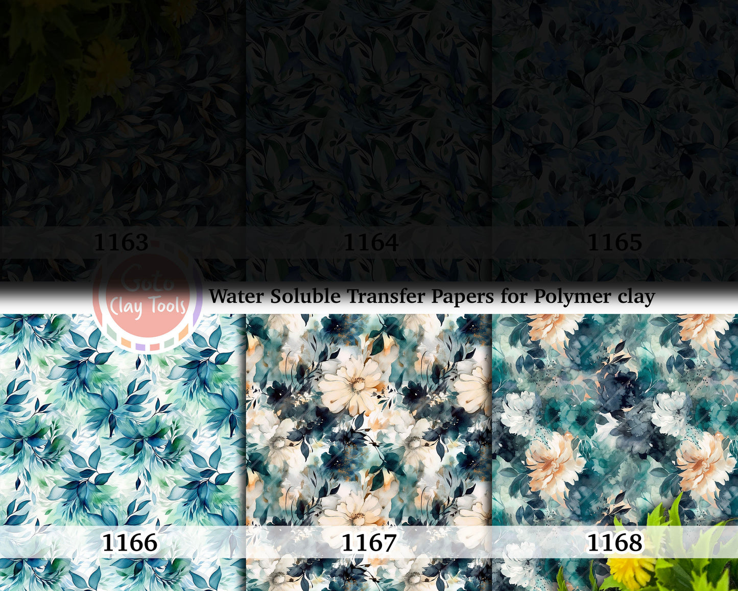Water soluble Transfer paper for polymer clay, Abstract Aqua leaves and floral pattern, polymer clay image transfers, magic transfer paper