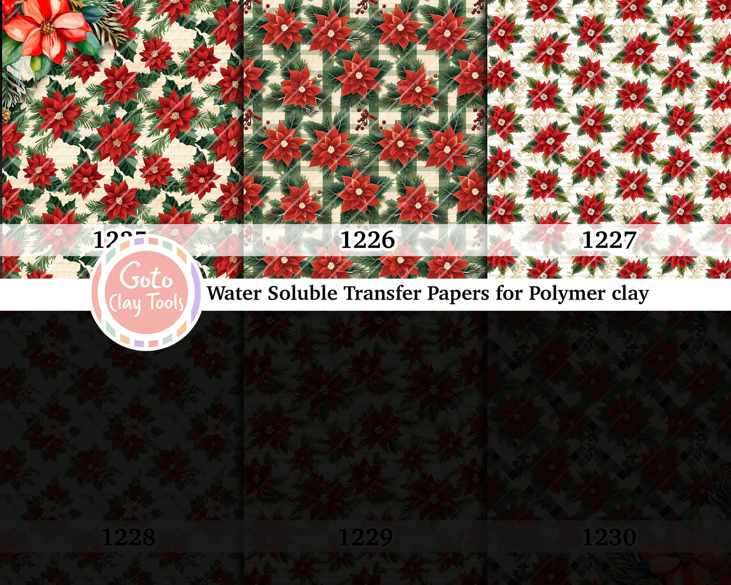 Water soluble Transfer paper for polymer clay, Poinsettia pattern, polymer clay image transfers, magic transfer paper
