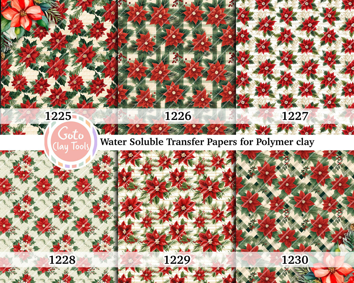 Water soluble Transfer paper for polymer clay, Poinsettia pattern, polymer clay image transfers, magic transfer paper