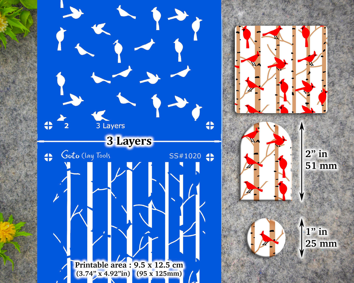 3 Layer Cardinal in Birch Silkscreen for Polymer Clay Earring making, Clay Stencils, Clay Earring Silkscreen, Polymer Clay Supplies SS#1020