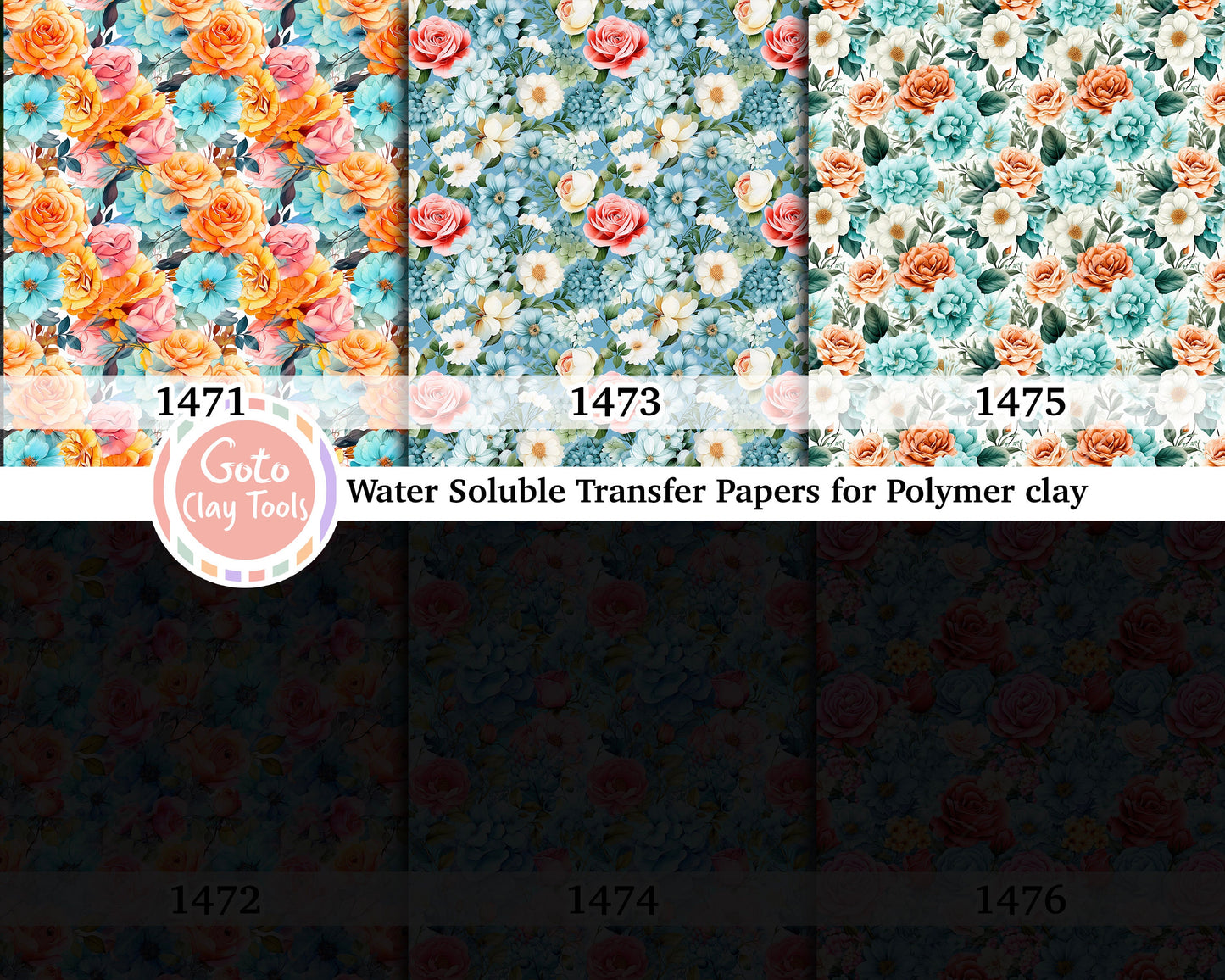 Water soluble Transfer paper for polymer clay, Blue and pink rose pattern, polymer clay image transfers, magic transfer paper