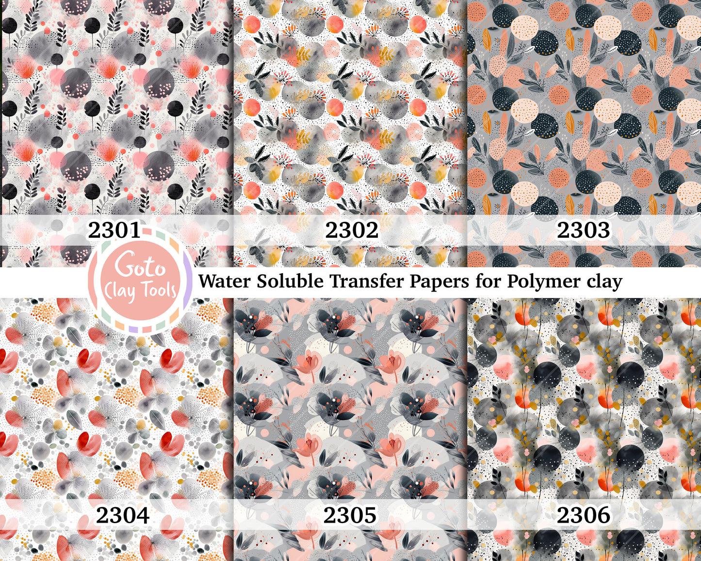 Water soluble Transfer paper for polymer clay, Watercolor circle and leaf pattern, polymer clay image transfers, magic transfer paper