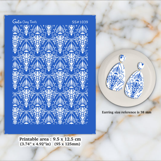 Art deco Damask Silkscreen for Polymer Clay Earring making, Clay Stencils, Clay Earring Silkscreen, Polymer Clay Supplies SS#1039