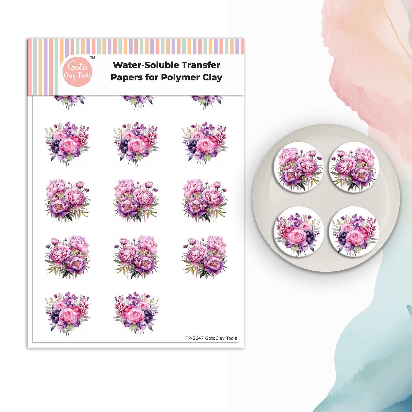 Watercolor Peony bouquet Floral Transfer Paper for polymer clay 4x5.5 IN