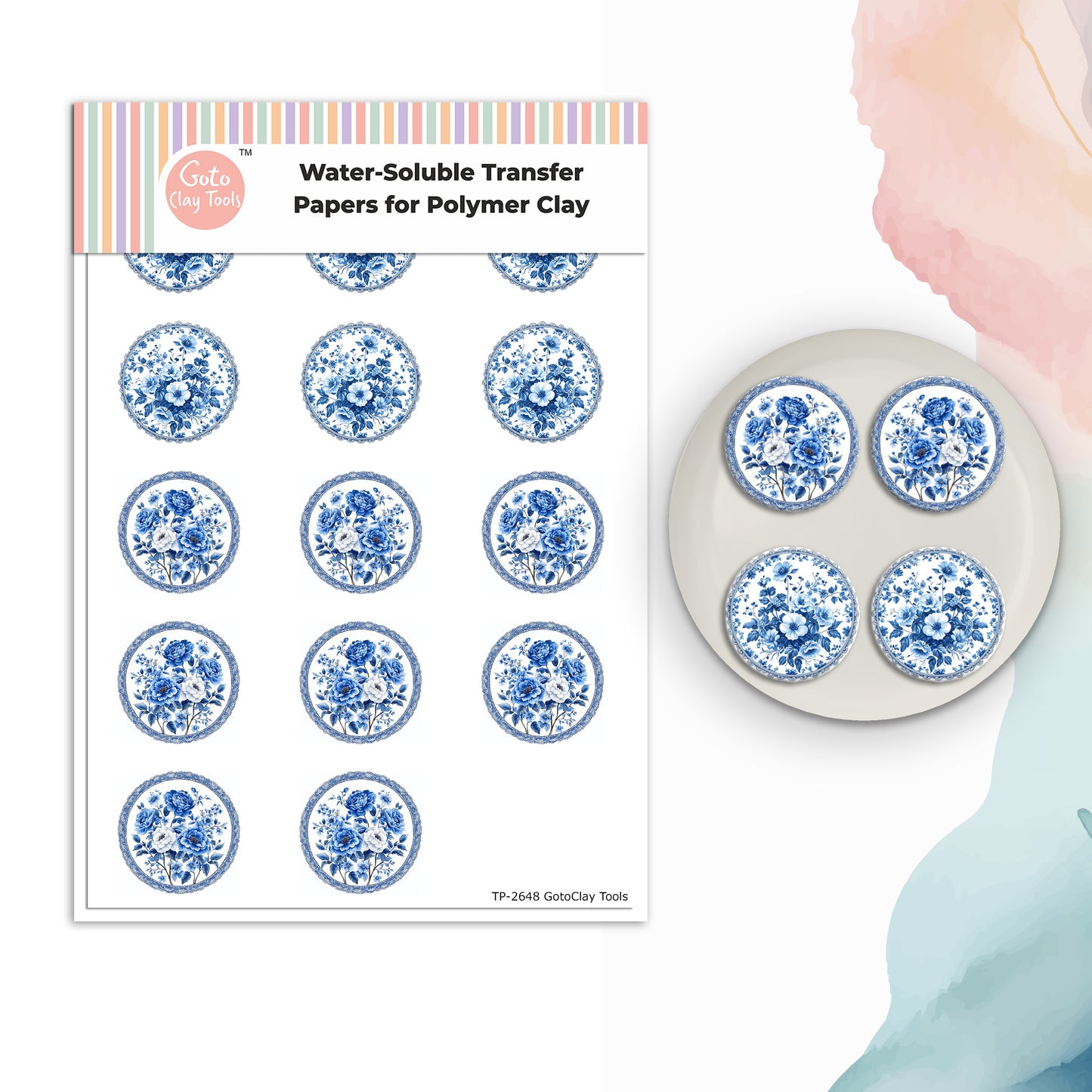 Watercolor Chinoisserie Transfer Paper for polymer clay 4x5.5 IN