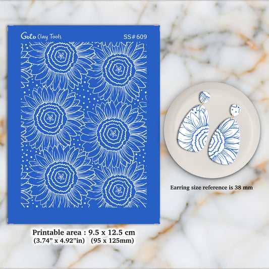 Sunflower Silkscreen for Polymer Clay Earring making, Clay Stencils, Clay Earring Silkscreen, Polymer Clay Supplies SS#609