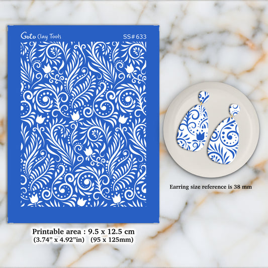 Ornamental leaves Silkscreen for Polymer Clay Earring making, Clay Stencils, Clay Earring Silkscreen, Polymer Clay Supplies SS#633