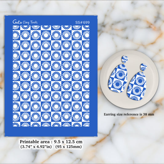 Daisy checkered Silkscreen for Polymer Clay Earring making, Clay Stencils, Clay Earring Silkscreen, Polymer Clay Supplies SS#699