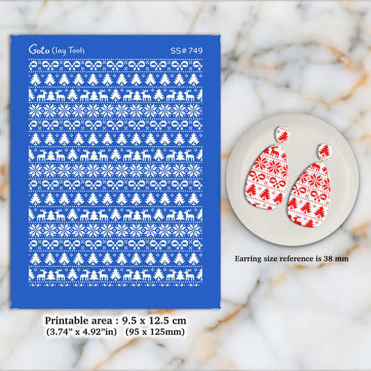 Christmas Silkscreen for Polymer Clay Earring making, Clay Stencils, Clay Earring Silkscreen, Polymer Clay Supplies SS#749-Single