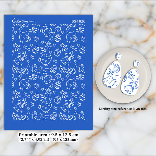 Easter Chick and Rabbit Silkscreen for Polymer Clay Earring making, Clay Stencils, Clay Earring Silkscreen, Polymer Clay Supplies SS#826