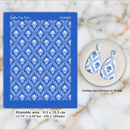 Indian Damask Silkscreen for Polymer Clay Earring making, Clay Stencils, Clay Earring Silkscreen, Polymer Clay Supplies SS#859