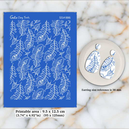 Peacock feather Silkscreen for Polymer Clay Earring making, Clay Stencils, Clay Earring Silkscreen, Polymer Clay Supplies SS#886
