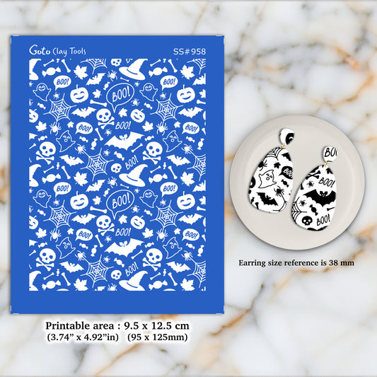 Halloween Silkscreen for Polymer Clay Earring making, Clay Stencils, Clay Earring Silkscreen, Polymer Clay Supplies SS#958