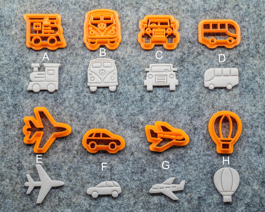 Transportation clay Cutter, Earring cutter Car, Bus, Aeroplane, Air Balloon, toy train shape cutters - GotoClayTools #606