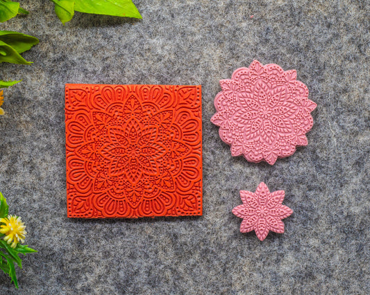 Mandala Texture mat for polymer clay with Cutter , Polymer Clay Rubber Texture mat, Texture Tile mats, Rubber Texture Sheet 50x50mm