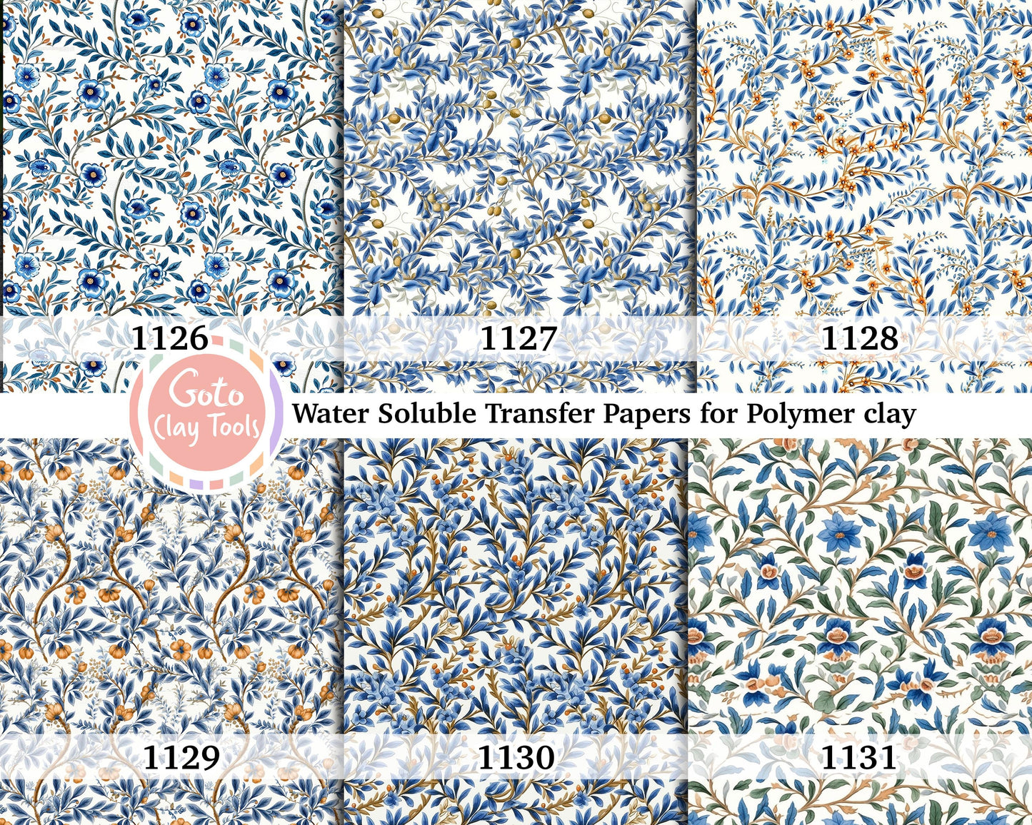 Water soluble Transfer paper for polymer clay, Blue leaves chinoisserie pattern, polymer clay image transfers, magic transfer paper