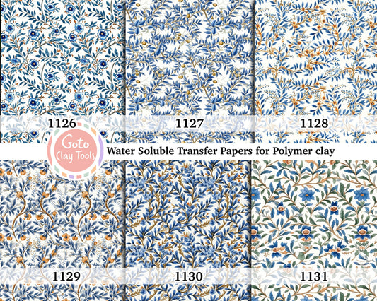 Water soluble Transfer paper for polymer clay, Blue leaves chinoisserie pattern, polymer clay image transfers, magic transfer paper