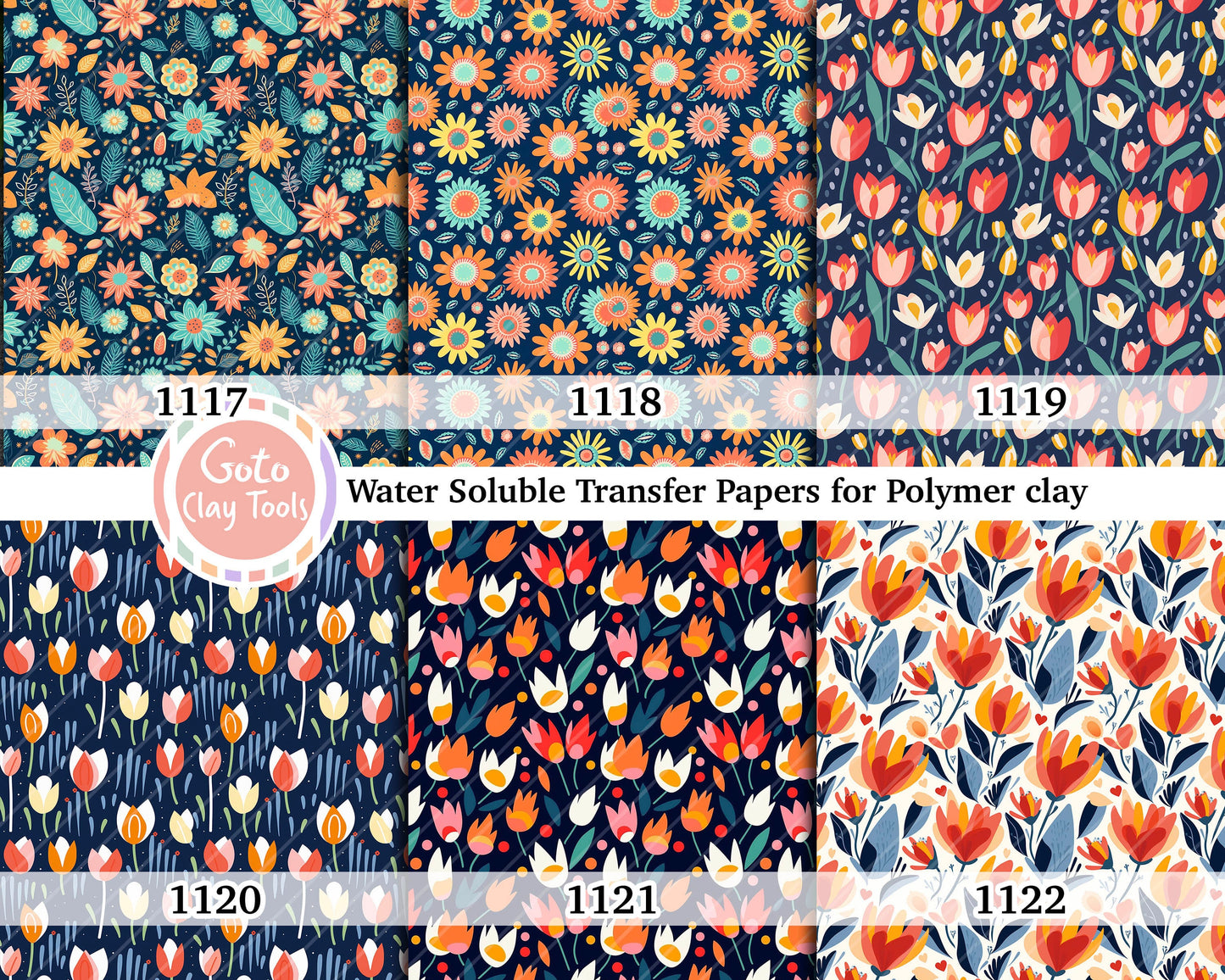 Water soluble Transfer paper for polymer clay, tulip floral pattern, polymer clay image transfers, magic transfer paper