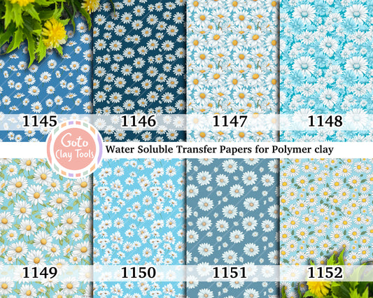 Water soluble Transfer paper for polymer clay, Blue daisy floral patterns, polymer clay image transfers, magic transfer paper
