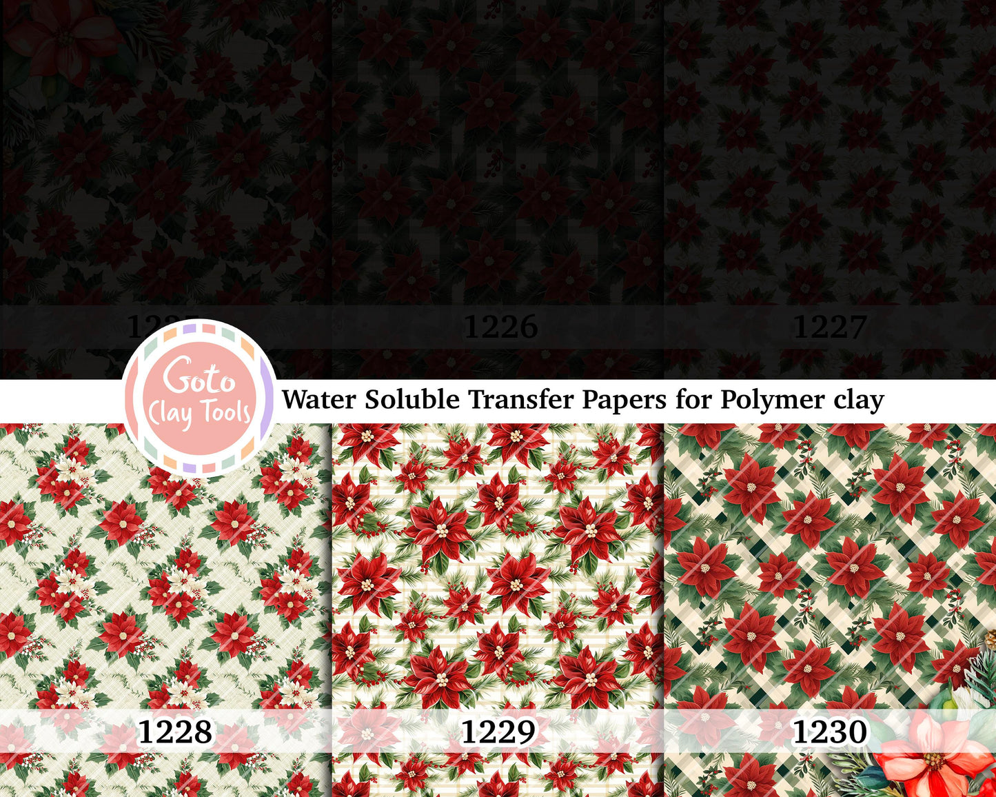 Water soluble Transfer paper for polymer clay, Poinsettia pattern, polymer clay image transfers, magic transfer paper