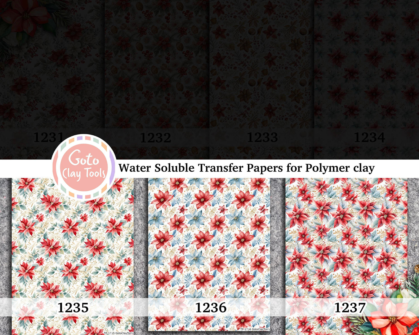 Christmas floral Water soluble Transfer paper for polymer clay, Colorful flower patterns, polymer clay image transfers, magic transfer paper