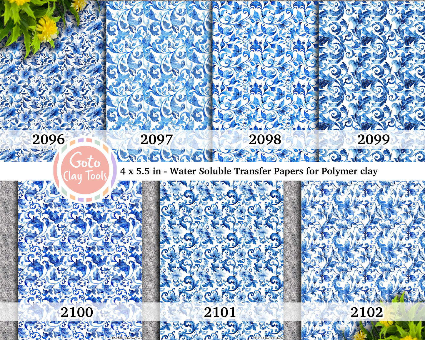 Ornamental floral Water soluble Transfer paper for polymer clay, Blue floral patterns, polymer clay image transfers, magic transfer paper