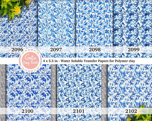 Ornamental floral Water soluble Transfer paper for polymer clay, Blue floral patterns, polymer clay image transfers, magic transfer paper