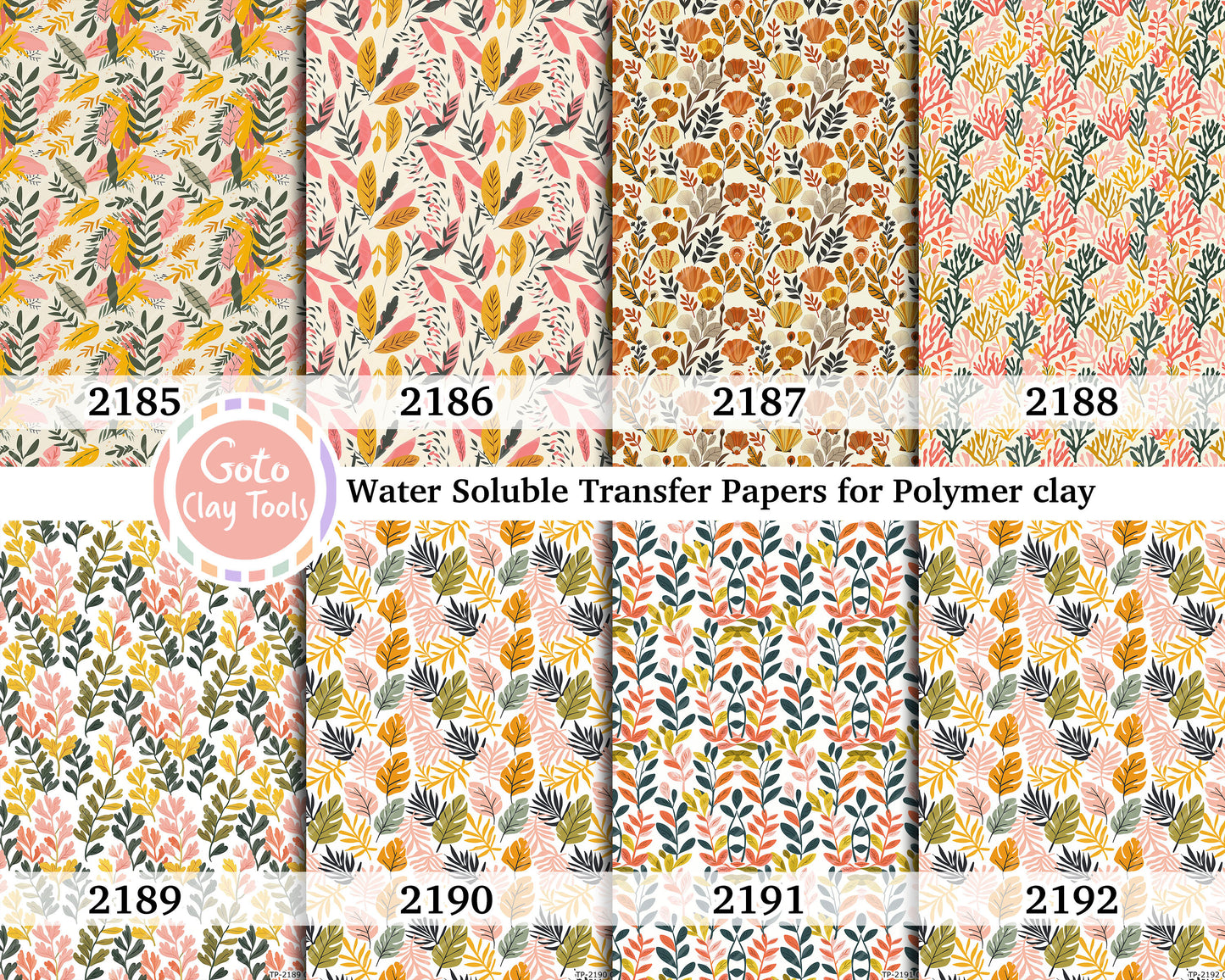 Water soluble Transfer paper for polymer clay, Bohemian Leaves and coral grass, polymer clay image transfers, magic transfer paper