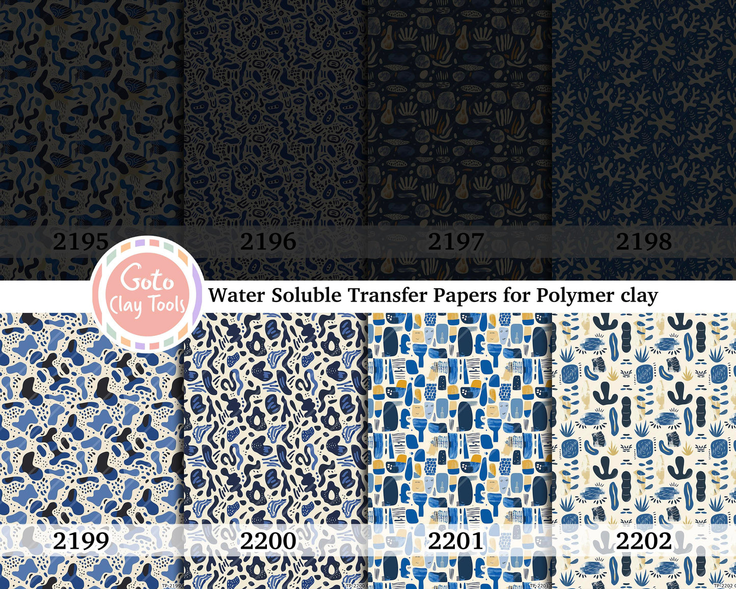 Water soluble Transfer paper for polymer clay, Blue Matisse pattern, polymer clay image transfers, magic transfer paper