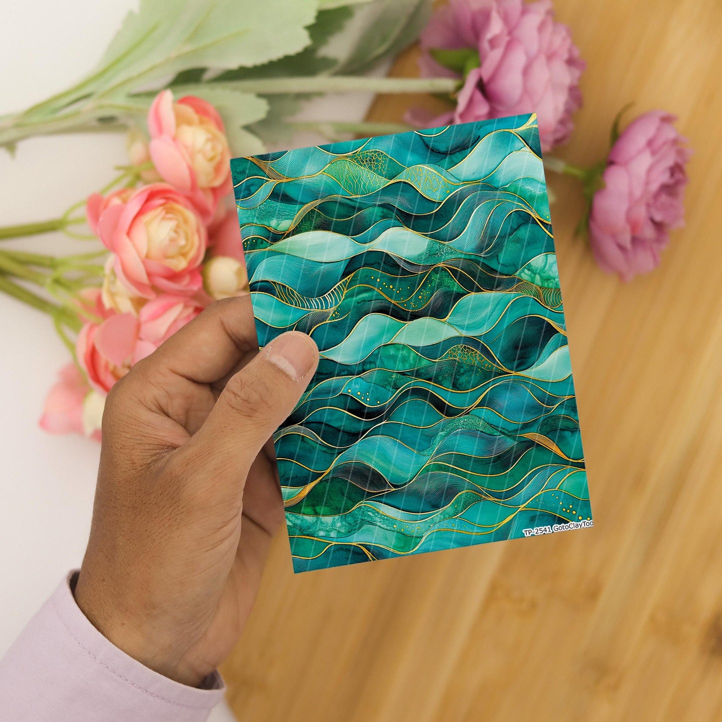 Green & Gold Waves Polymer Clay Transfer Paper (4x5.5 inch)