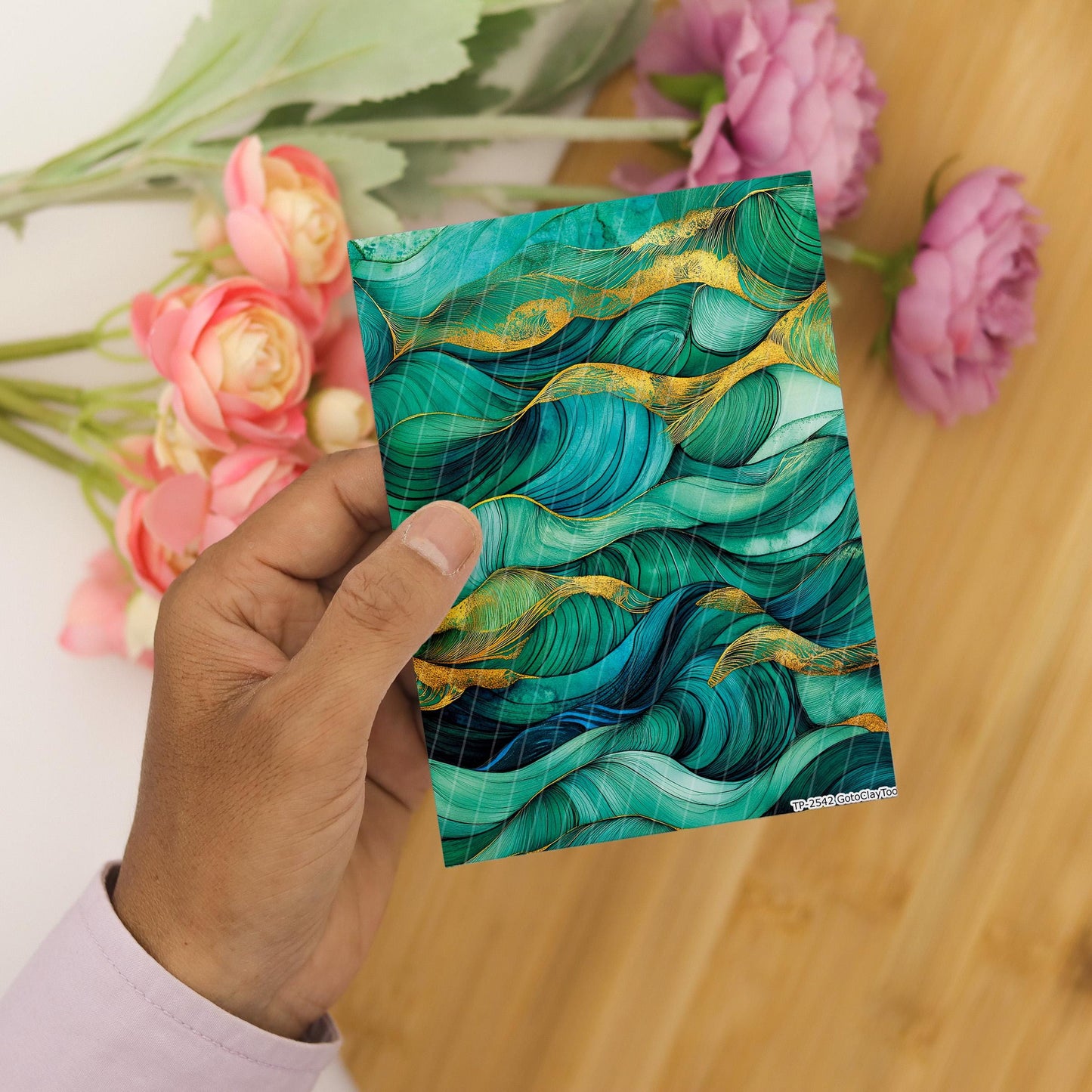 Green & Gold Waves Polymer Clay Transfer Paper (4x5.5 inch)