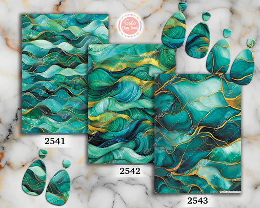 Transfer paper for polymer clay, Greeen and Gold Waves, Clay water soluble transfer paper, Clay Transfers, Clay Transfer sheets