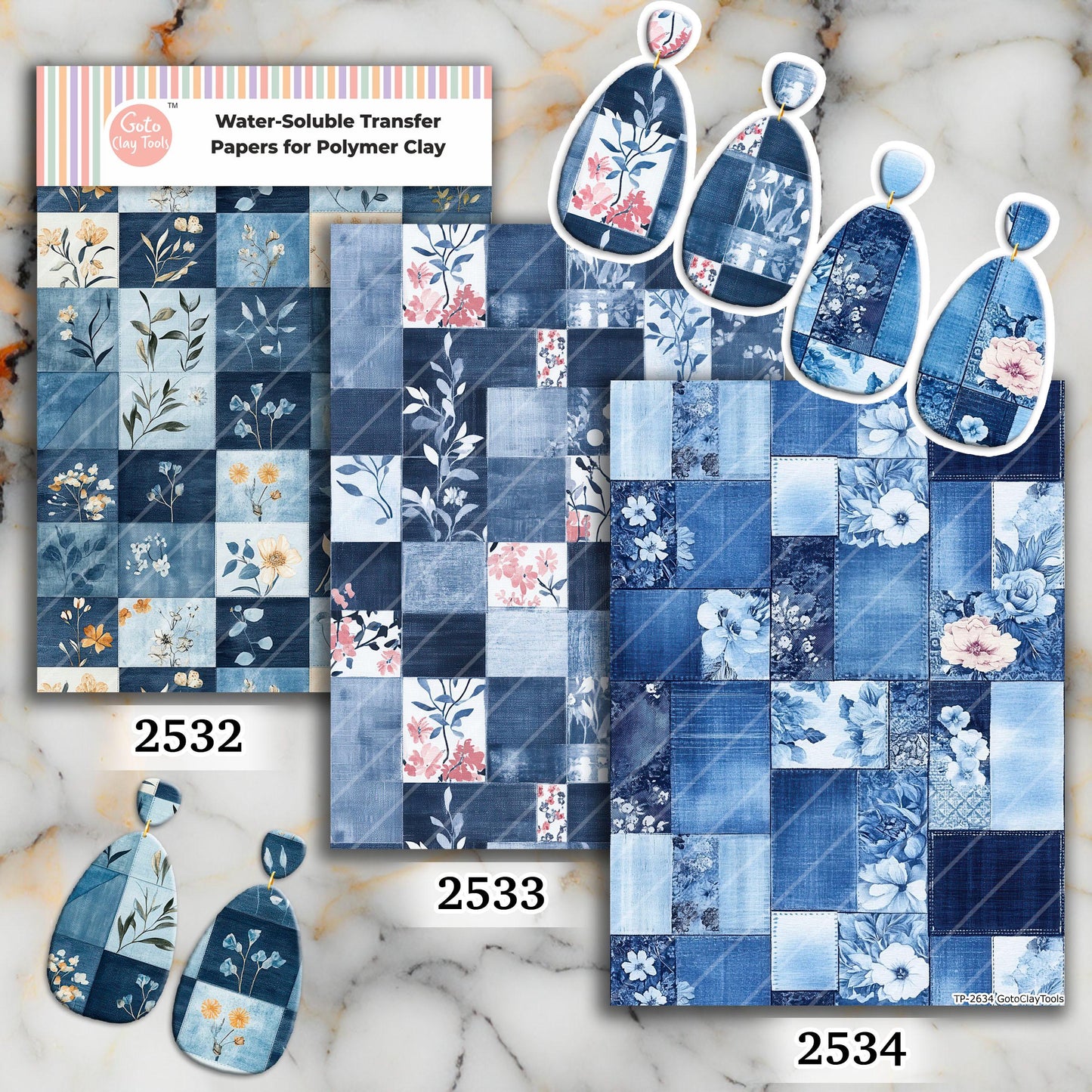 Jeans Patch Transfer paper for polymer Clay Earring Making - Watersoluble Transfer Sheet 4x5.5 in #TP26-19