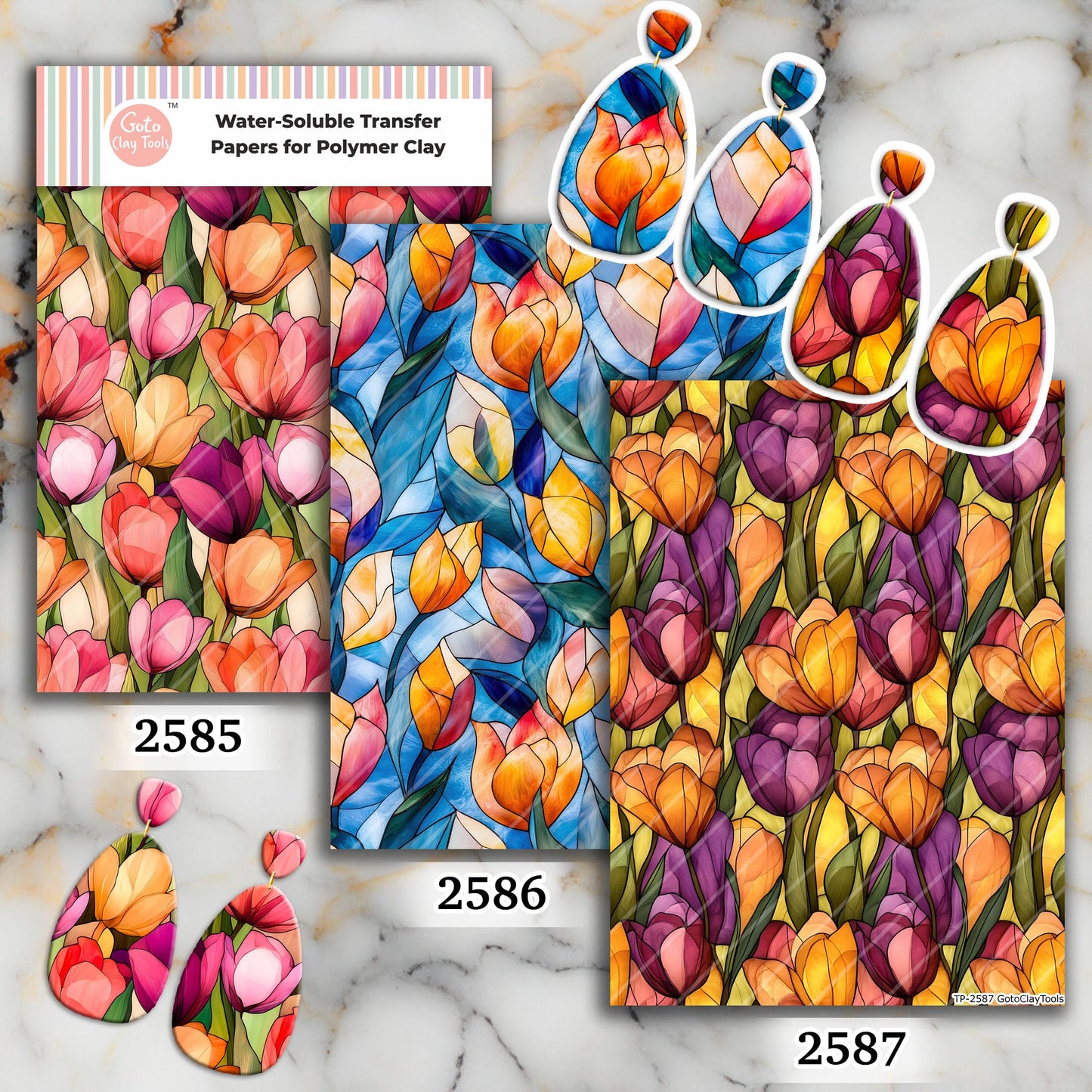 Stained Glass Tulips Transfer paper for polymer Clay Earring Making - Water Soluble Transfer Sheet 4x5.5 in #TP26-9