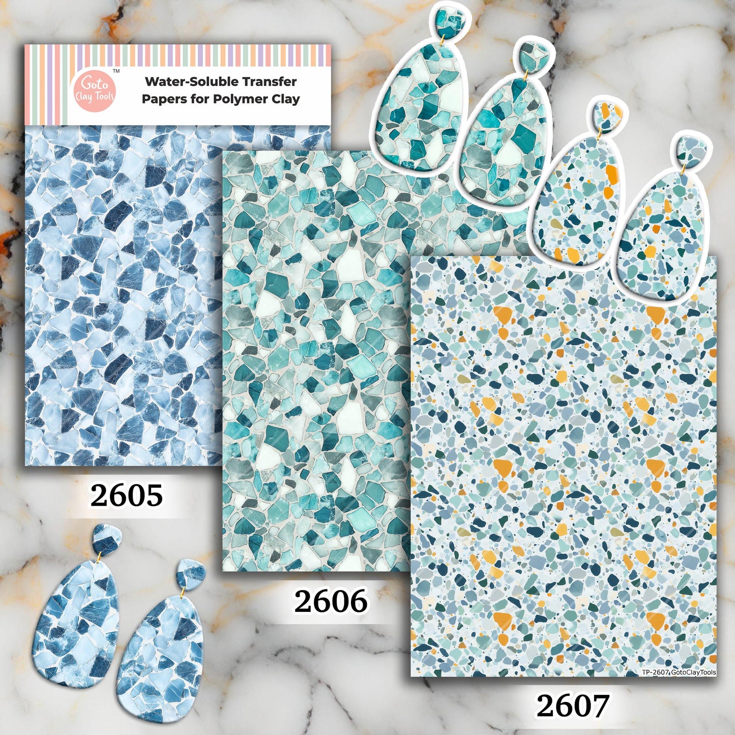Blue Terrazzo Transfer paper for polymer Clay Earring Making - Water Soluble Transfer Sheet 4x5.5 in #TP26-17
