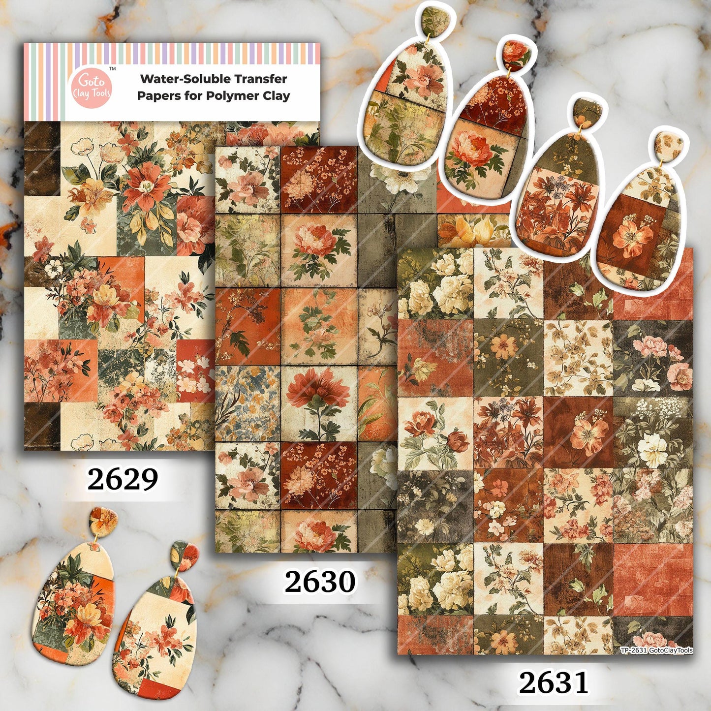 Floral Patches Transfer paper for polymer Clay Earring Making - Water Soluble Transfer Sheet 4x5.5 in #TP26-15
