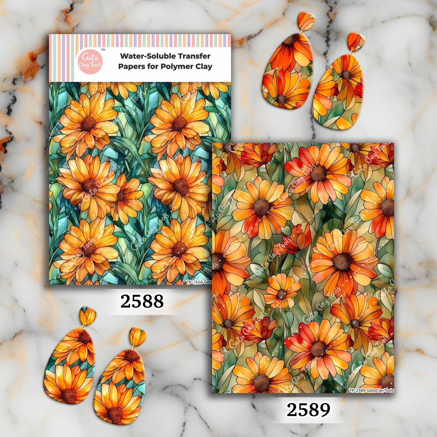 Sunflower Stained Glass Transfer paper for polymer Clay Earring Making - Water Soluble Transfer Sheet 4x5.5 in #TP26-16