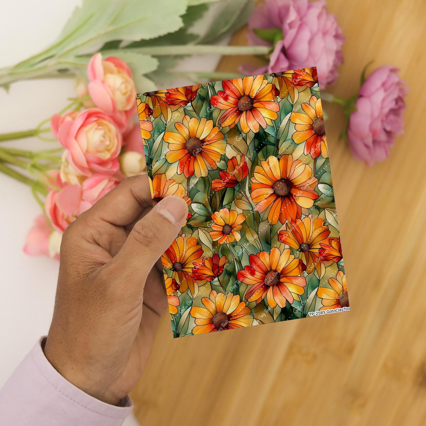 Sunflower Stained Glass Transfer paper for polymer Clay Earring Making - Water Soluble Transfer Sheet 4x5.5 in #TP26-16