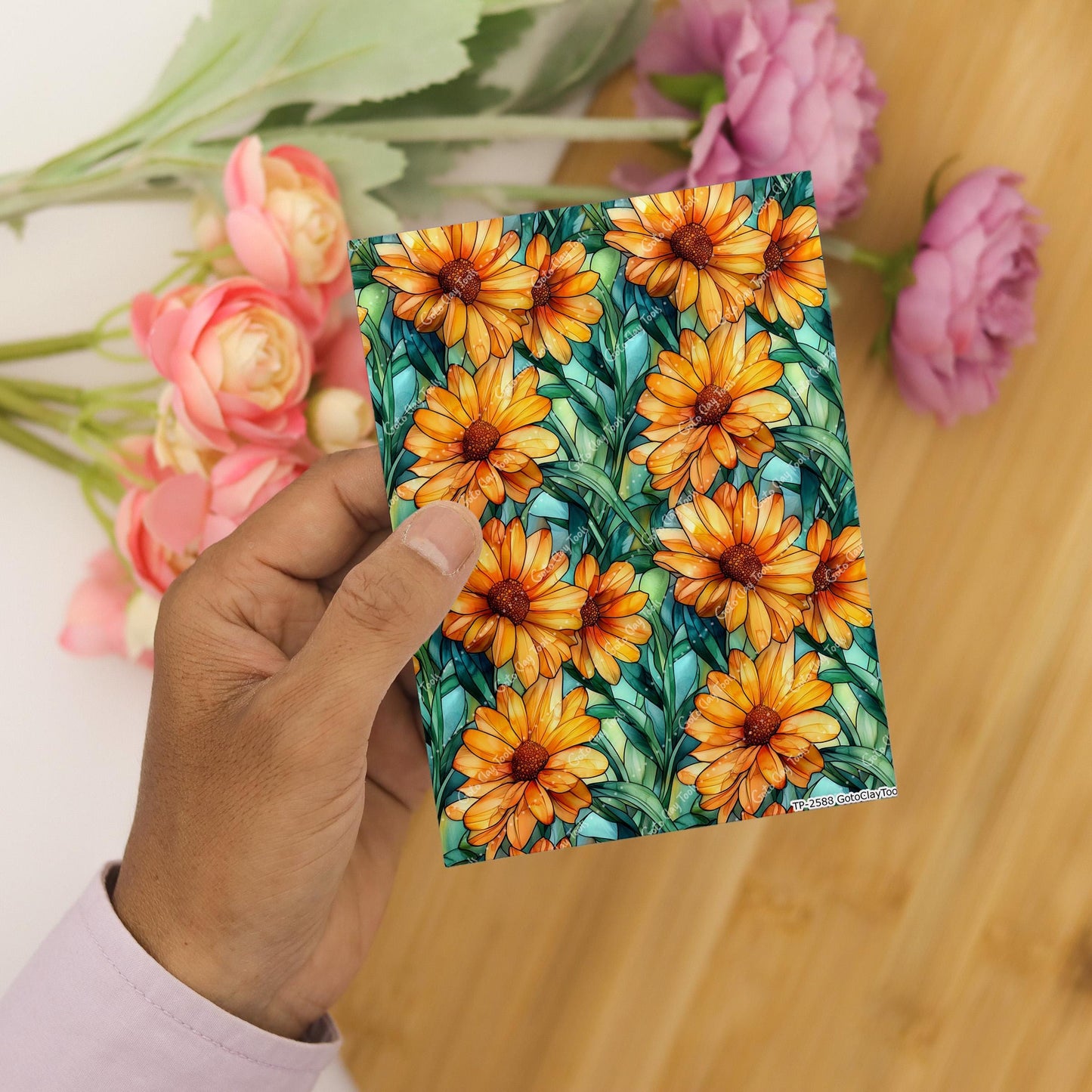 Sunflower Stained Glass Transfer paper for polymer Clay Earring Making - Water Soluble Transfer Sheet 4x5.5 in #TP26-16