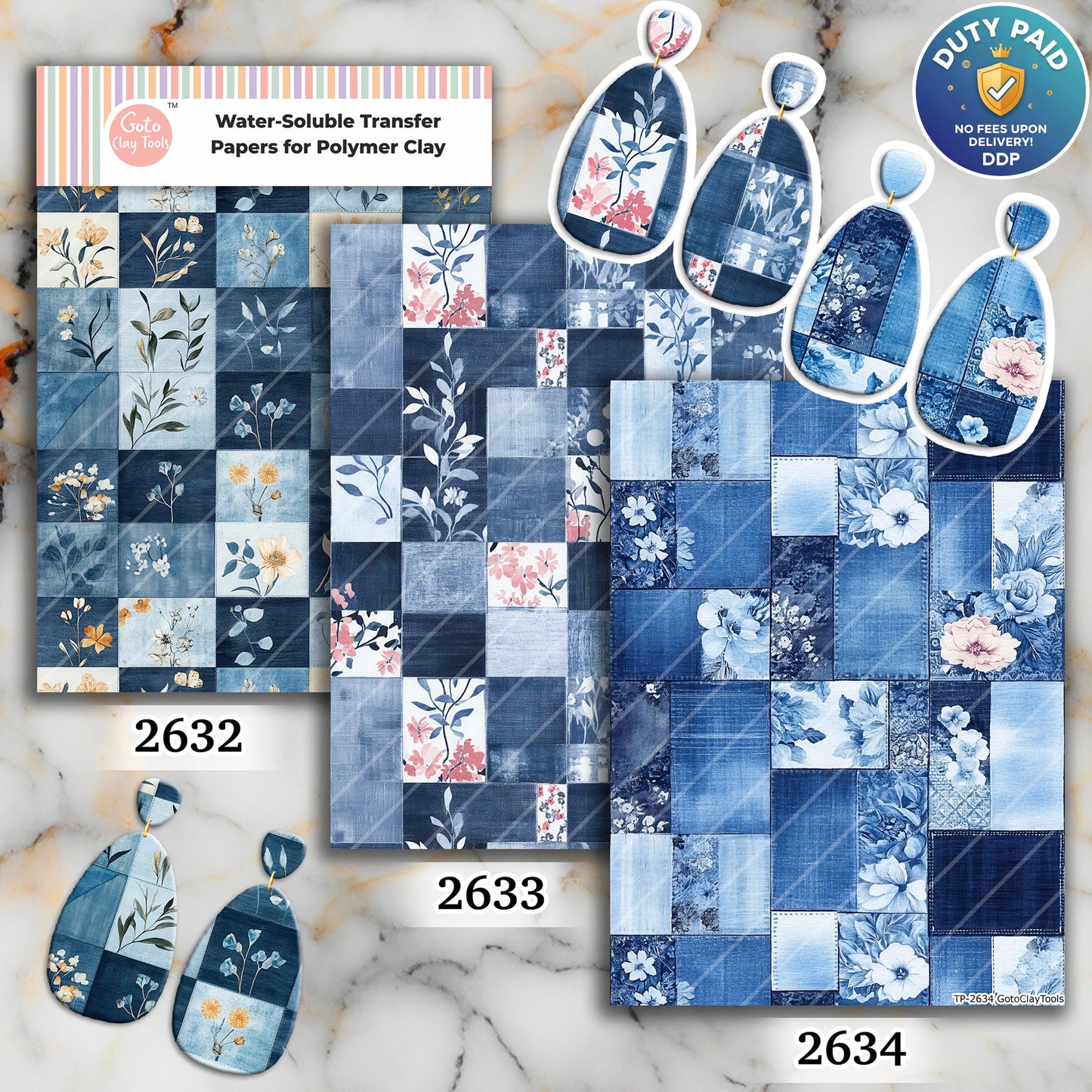 Jeans Patch Transfer paper for polymer Clay Earring Making - Watersoluble Transfer Sheet 4x5.5 in #TP26-19