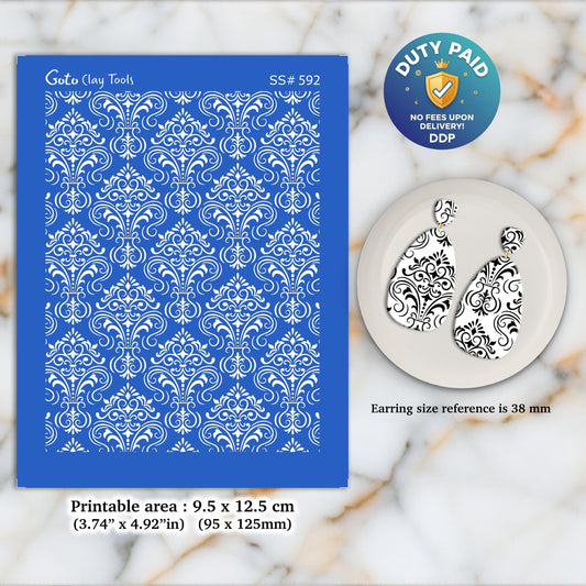 Damask Silkscreen for Polymer Clay Earrings: Jewelry Stencil (3.74x4.92" Printable Area) SS#592