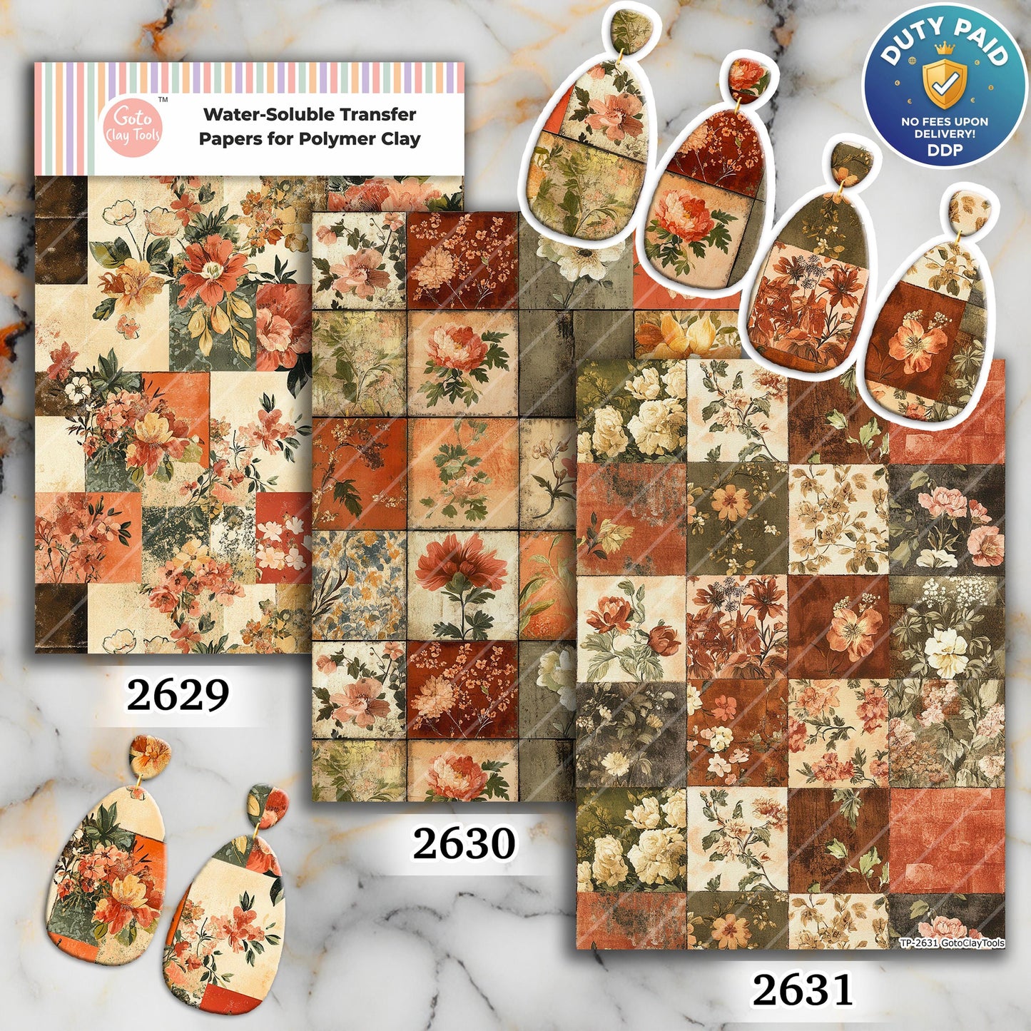 Floral Patches Transfer paper for polymer Clay Earring Making - Water Soluble Transfer Sheet 4x5.5 in #TP26-15