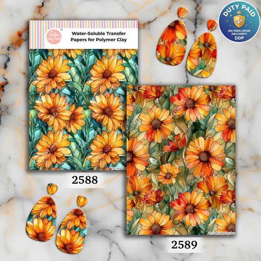 Sunflower Stained Glass Transfer paper for polymer Clay Earring Making - Water Soluble Transfer Sheet 4x5.5 in #TP26-16
